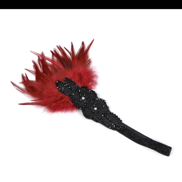 Rhinestones & Feather Headband New 1920's Style Black /Wine - Picture 4 of 7